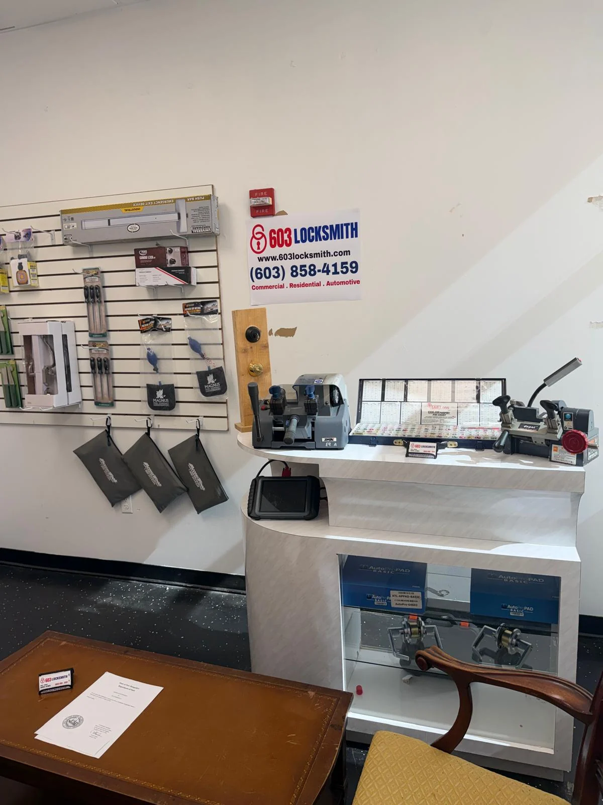 603 Locksmith shop counter with key cutting and programming equipment